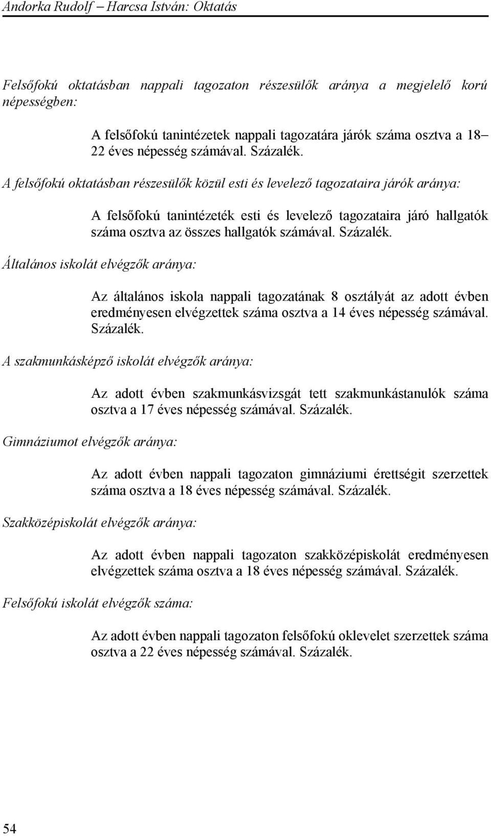 Százalék. Általános iskolát elvégzők aránya: Az általános iskola nappali tagozatának 8 osztályát az adott évben eredményesen elvégzettek száma osztva a 14 éves népesség számával. Százalék.