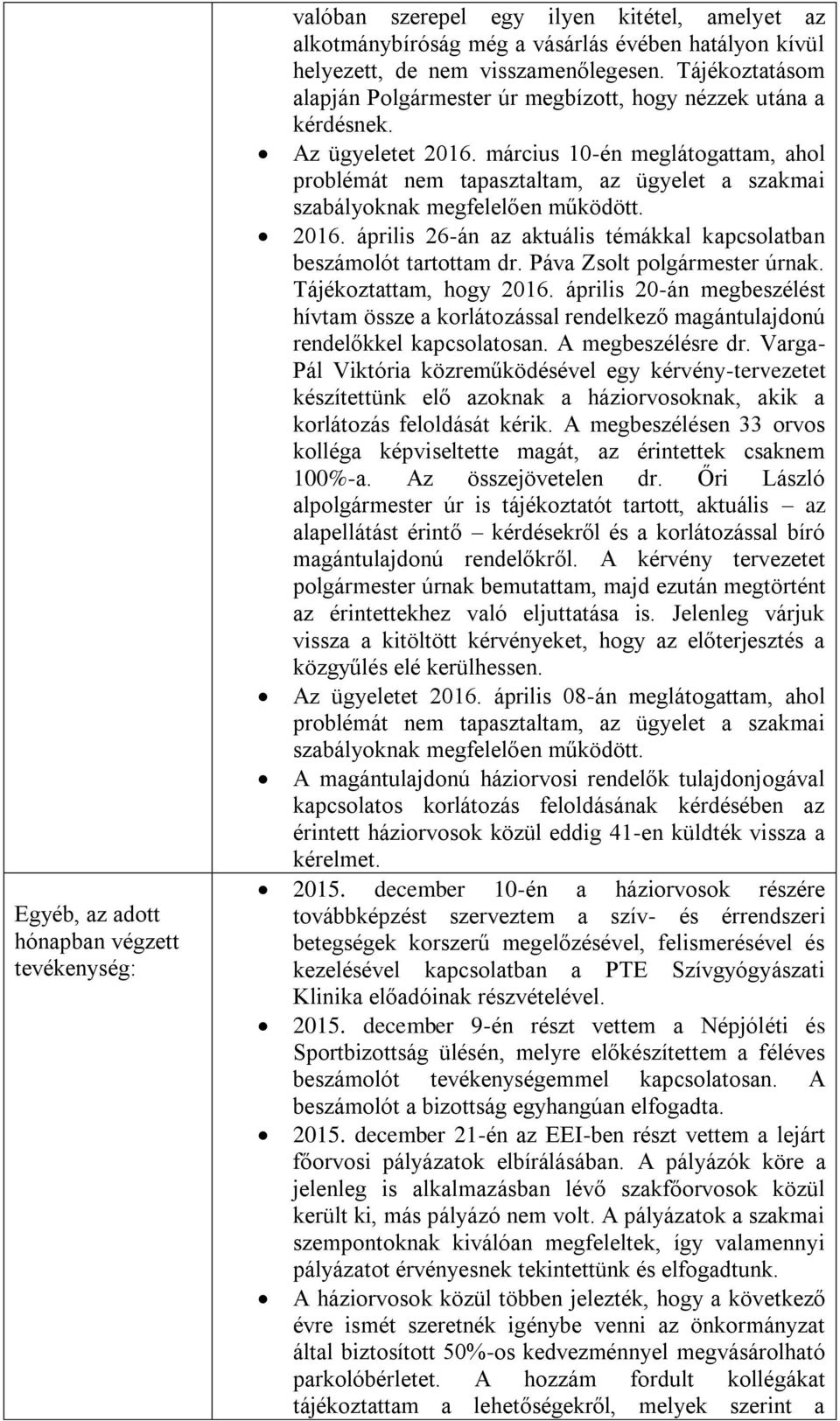 március 10-én meglátogattam, ahol problémát nem tapasztaltam, az ügyelet a szakmai szabályoknak megfelelően működött. 2016. április 26-án az aktuális témákkal kapcsolatban beszámolót tartottam dr.