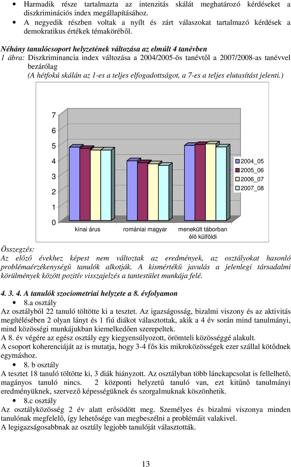 Néhány tanulócsoport helyzetének változása az elmúlt 4 tanévben 1 ábra: Diszkriminancia index változása a 2004/2005-ös tanévtıl a 2007/2008-as tanévvel bezárólag (A hétfokú skálán az 1-es a teljes