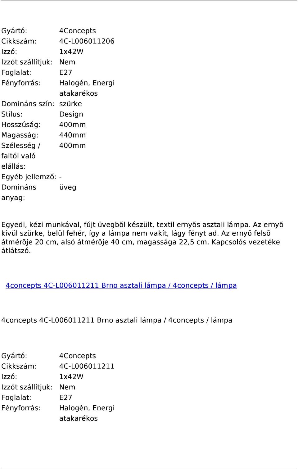 Az ernyõ kívül szürke, belül fehér, így a lámpa nem vakít, lágy fényt ad. Az ernyõ felsõ átmérõje 20 cm, alsó átmérõje 40 cm, magassága 22,5 cm.