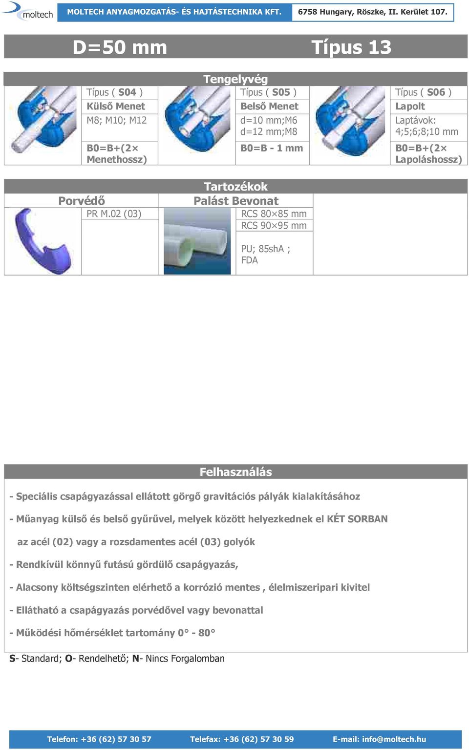 02 (03) Tartozékok Palást Bevonat RCS 80 85 mm RCS 90 95 mm PU; 85shA ; FDA Felhasználás - Speciális csapágyazással ellátott görgő gravitációs pályák kialakításához - Műanyag