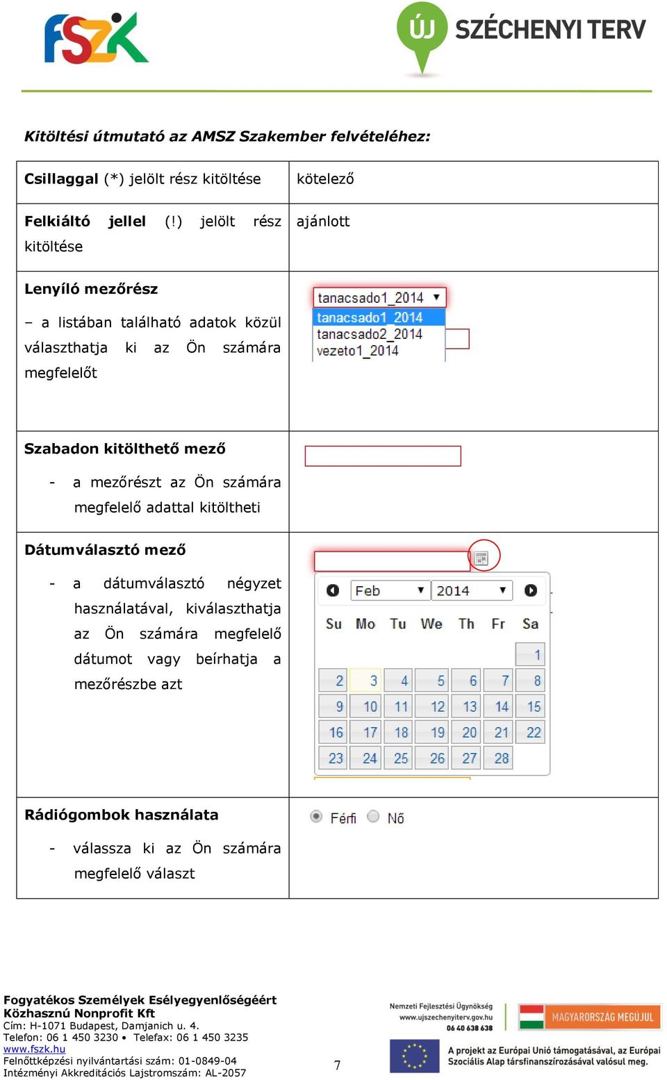 Szabadon kitölthető mező - a mezőrészt az Ön számára megfelelő adattal kitöltheti Dátumválasztó mező - a dátumválasztó négyzet