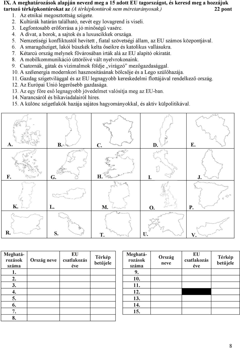 5. Nemzetiségi konfliktustól hevített, fiatal szövetségi állam, az EU számos központjával. 6. A smaragdsziget, lakói büszkék kelta őseikre és katolikus vallásukra. 7.