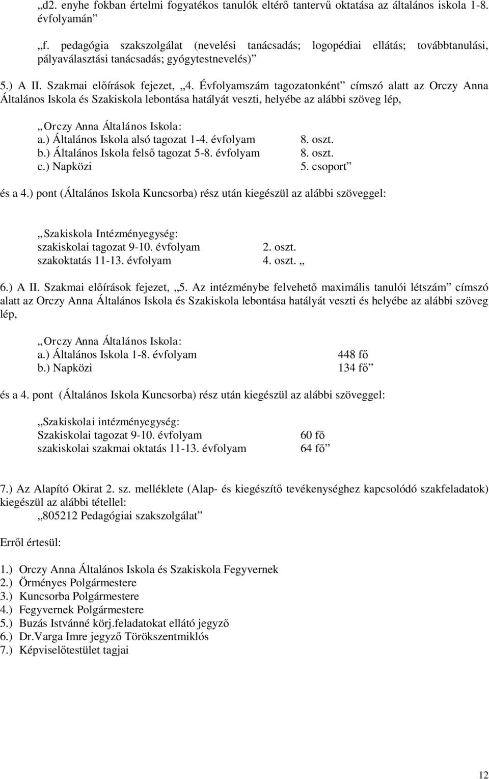 Évfolyamszám tagozatonként címszó alatt az Orczy Anna Általános Iskola és Szakiskola lebontása hatályát veszti, helyébe az alábbi szöveg lép, Orczy Anna Általános Iskola: a.