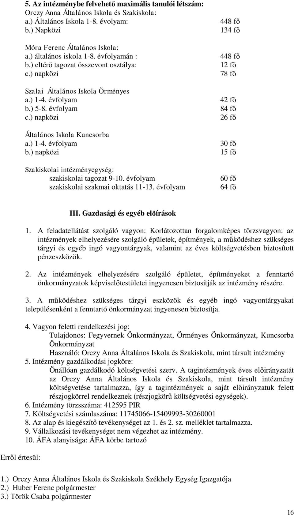 évfolyam szakiskolai szakmai oktatás 11-13. évfolyam 448 fő 134 fő 448 fő 12 fő 78 fő 42 fő 84 fő 26 fő 30 fő 15 fő 60 fő 64 fő Erről értesül: III. Gazdasági és egyéb előírások 1.