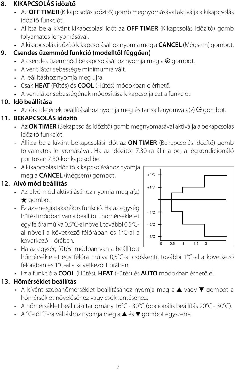 Csendes üzemmód funkció (modelltől függően) A csendes üzemmód bekapcsolásához nyomja meg a gombot. A ventilátor sebessége minimumra vált. A leállításhoz nyomja meg újra.