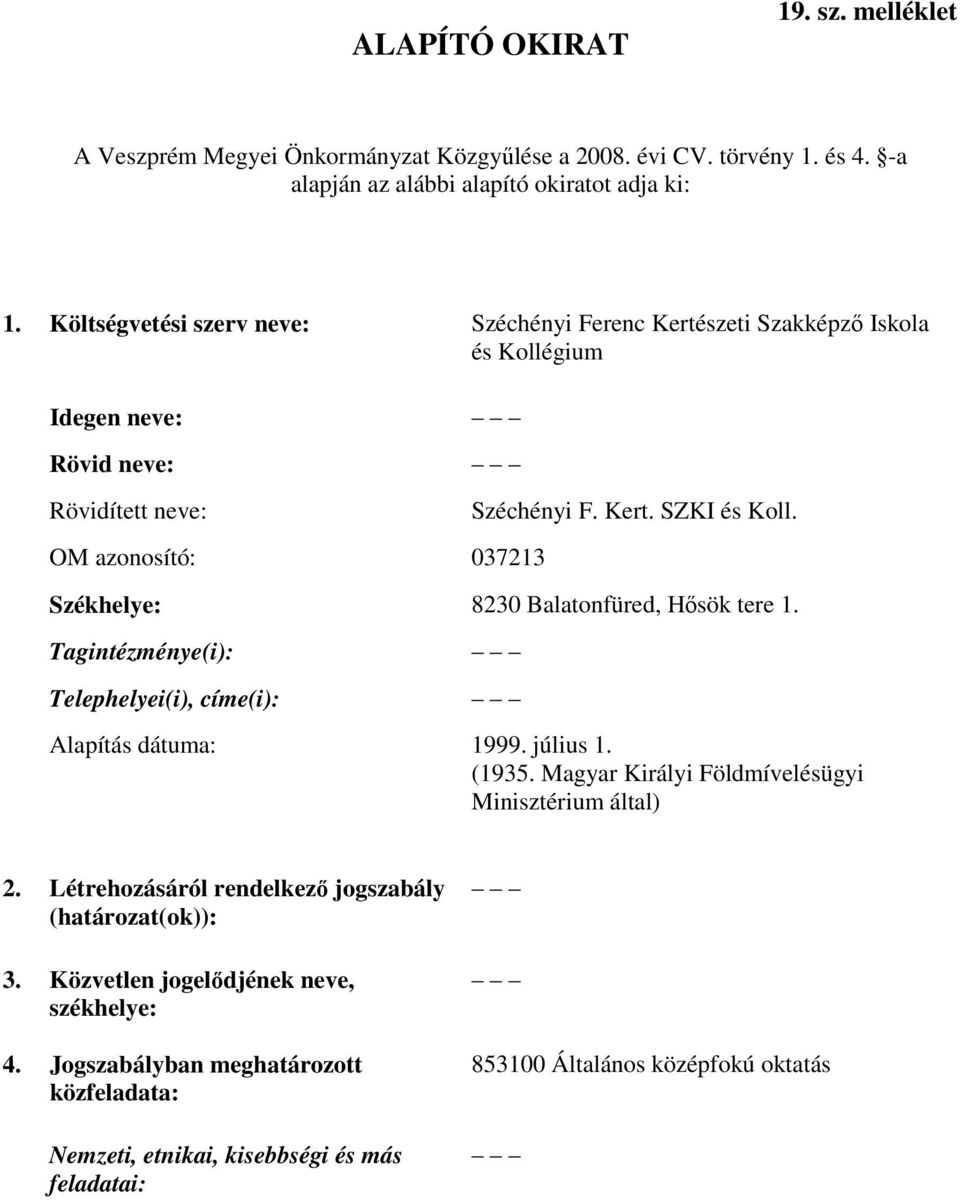 Székhelye: 8230 Balatonfüred, Hősök tere 1. Tagintézménye(i): Telephelyei(i), címe(i): Alapítás dátuma: 1999. július 1. (1935. Magyar Királyi Földmívelésügyi Minisztérium által) 2.