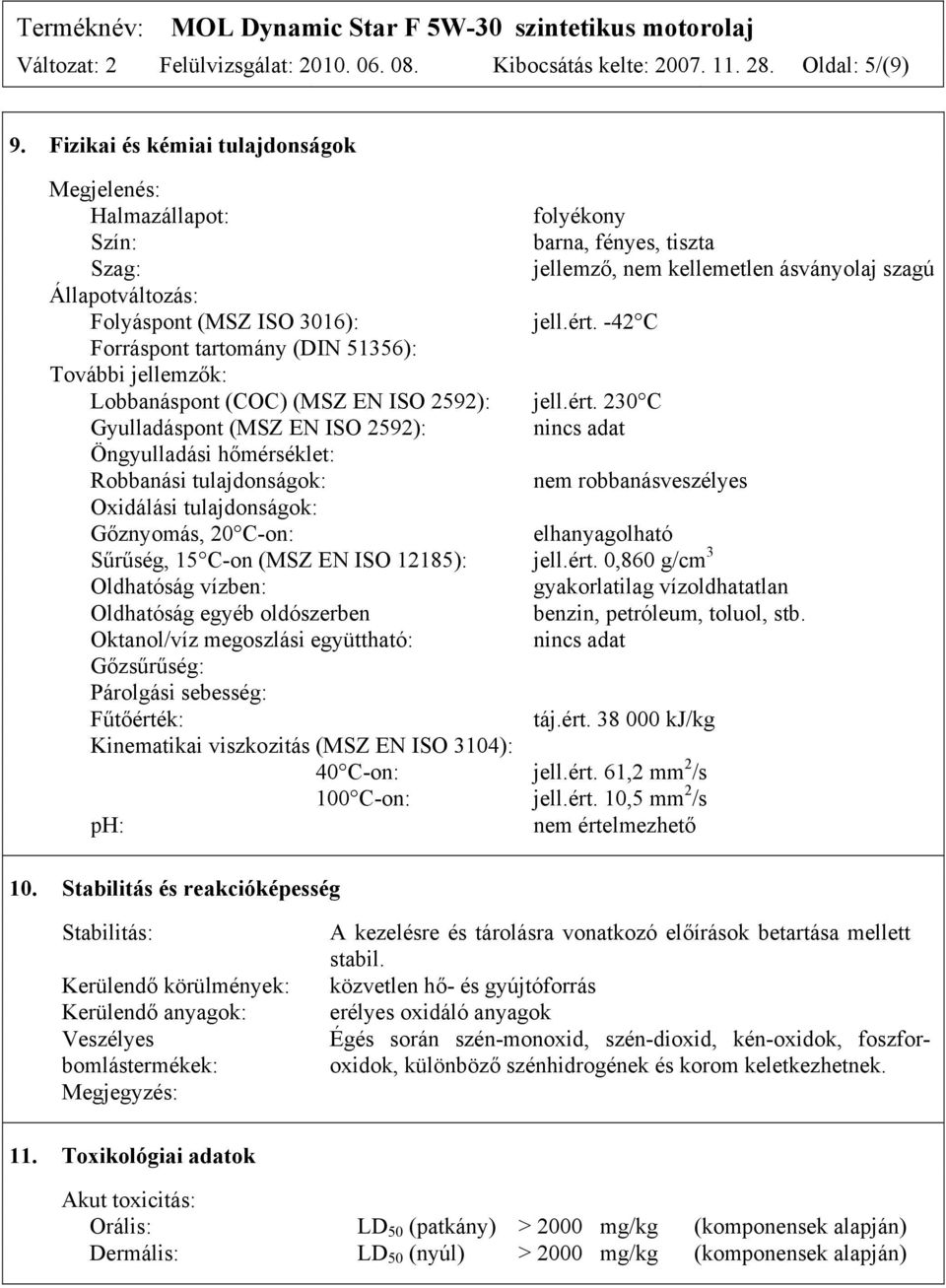 -42 C Forráspont tartomány (DIN 51356): További jellemzők: Lobbanáspont (COC) (MSZ EN ISO 2592): jell.ért.