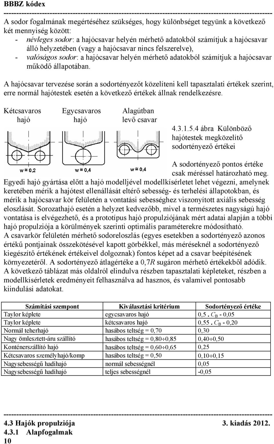 A hajócsavar tervezése során a sodortényezőt közelíteni kell tapasztalati értékek szerint, erre normál hajótestek esetén a következő értékek állnak rendelkezésre.