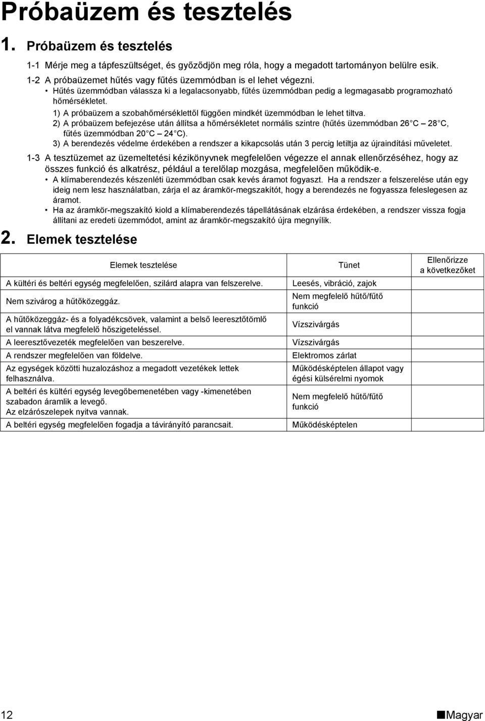 1) A próbaüzem a szobahőmérséklettől függően mindkét üzemmódban le lehet tiltva.