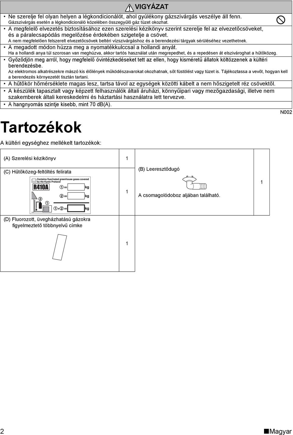 A megfelelő elvezetés biztosításához ezen szerelési kézikönyv szerint szerelje fel az elvezetőcsöveket, és a páralecsapódás megelőzése érdekében szigetelje a csövet.