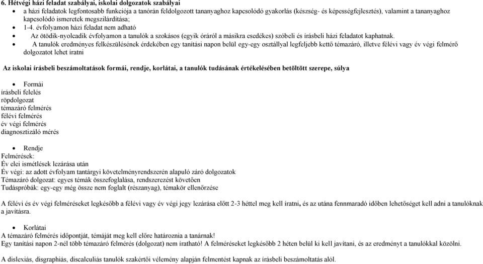 évfolyamon házi feladat nem adható Az ötödik-nyolcadik évfolyamon a tanulók a szokásos (egyik óráról a másikra esedékes) szóbeli és írásbeli házi feladatot kaphatnak.