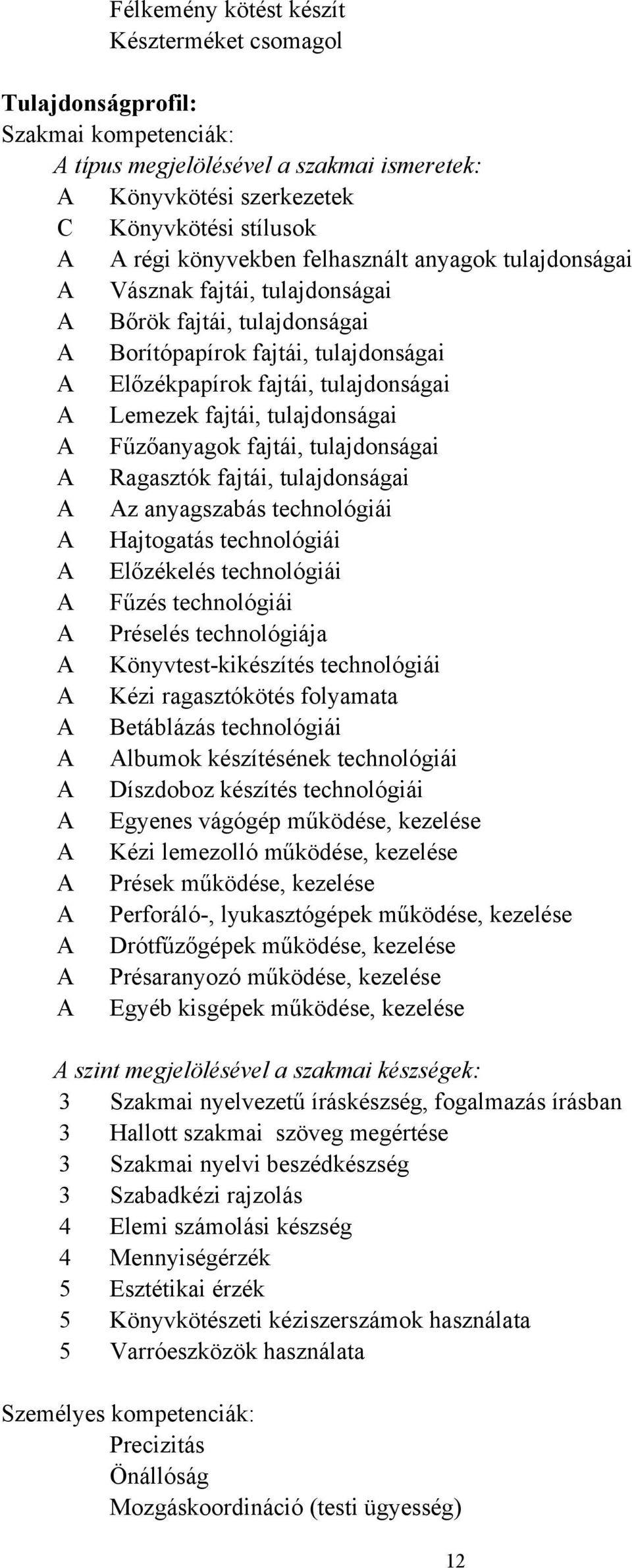 tulajdonságai A Fűzőanyagok fajtái, tulajdonságai A Ragasztók fajtái, tulajdonságai A Az anyagszabás technológiái A Hajtogatás technológiái A Előzékelés technológiái A Fűzés technológiái A Préselés