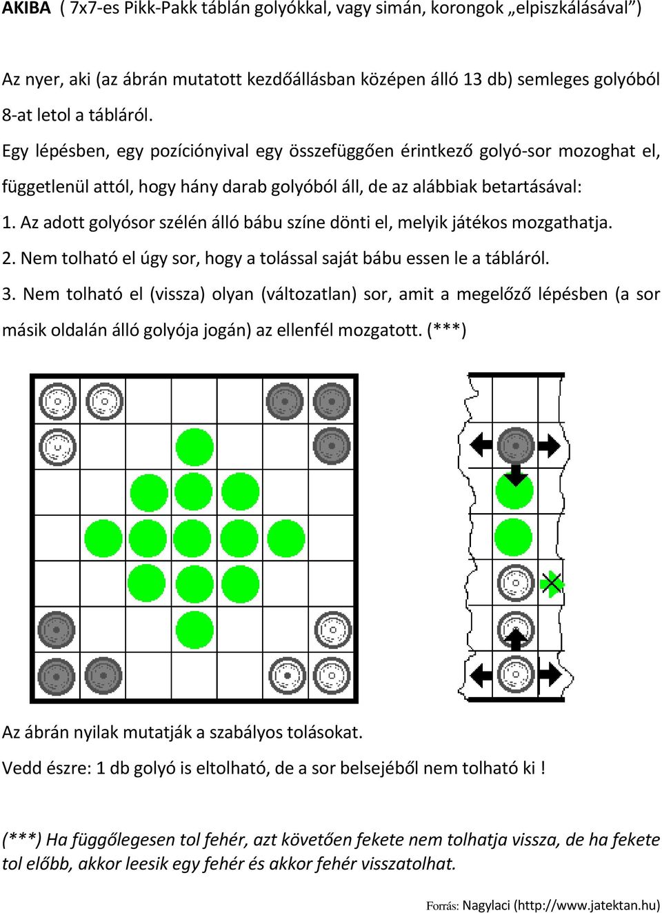 Az adott golyósor szélén álló bábu színe dönti el, melyik játékos mozgathatja. 2. Nem tolható el úgy sor, hogy a tolással saját bábu essen le a tábláról. 3.