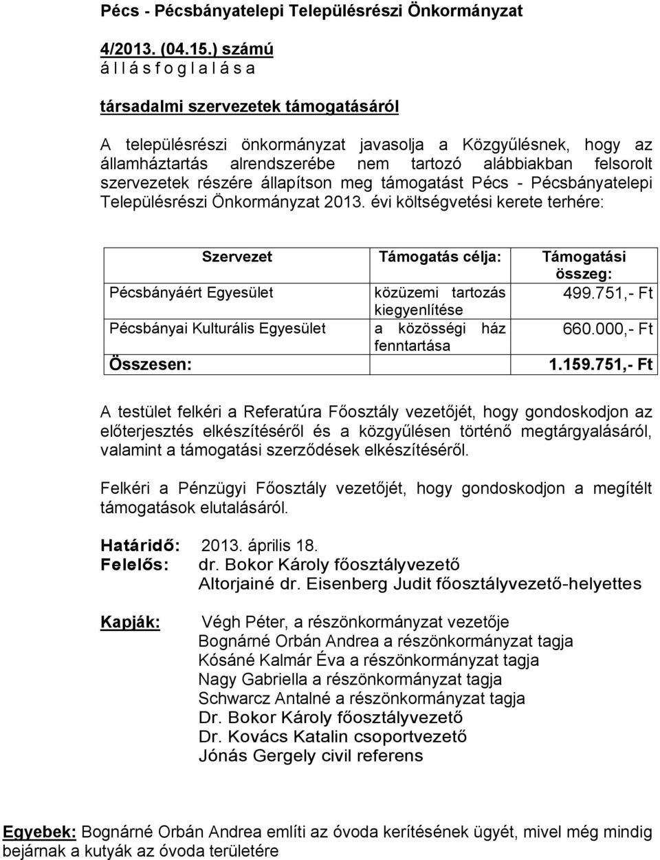 szervezetek részére állapítson meg támogatást Pécs - Pécsbányatelepi Településrészi Önkormányzat 2013.