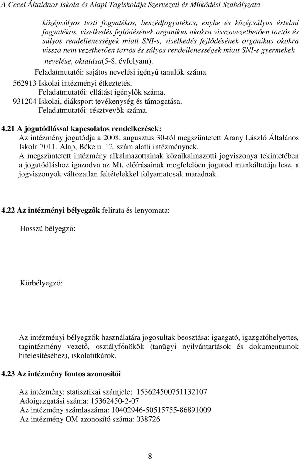 Feladatmutatói: sajátos nevelési igényű tanulók száma. 562913 Iskolai intézményi étkeztetés. Feladatmutatói: ellátást igénylők száma. 931204 Iskolai, diáksport tevékenység és támogatása.