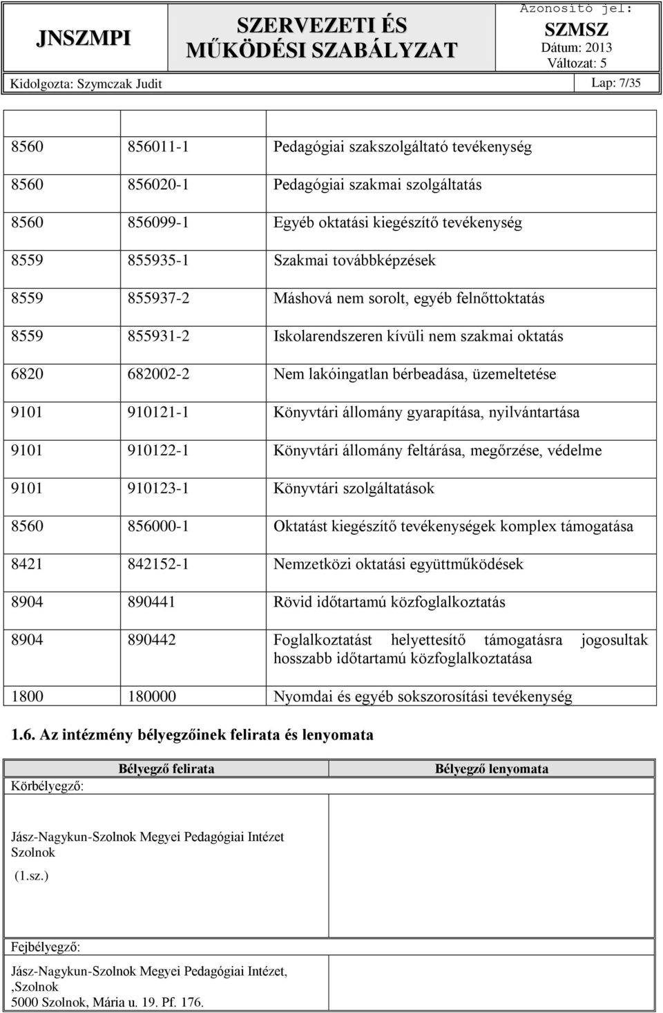 üzemeltetése 9101 910121-1 Könyvtári állomány gyarapítása, nyilvántartása 9101 910122-1 Könyvtári állomány feltárása, megőrzése, védelme 9101 910123-1 Könyvtári szolgáltatások 8560 856000-1 Oktatást