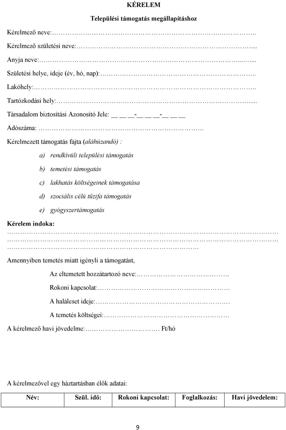 támogatása d) szociális célú tűzifa támogatás e) gyógyszertámogatás Kérelem indoka: Amennyiben temetés miatt igényli a támogatást, Az eltemetett hozzátartozó neve: Rokoni kapcsolat: