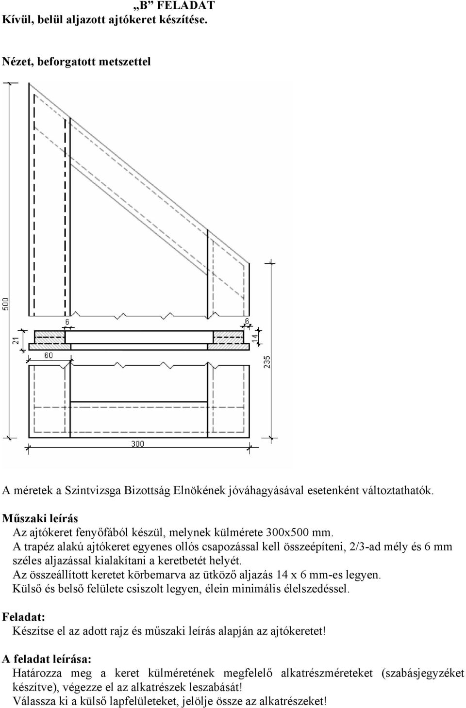 A trapéz alakú ajtókeret egyenes ollós csapozással kell összeépíteni, 2/3-ad mély és 6 mm széles aljazással kialakítani a keretbetét helyét.