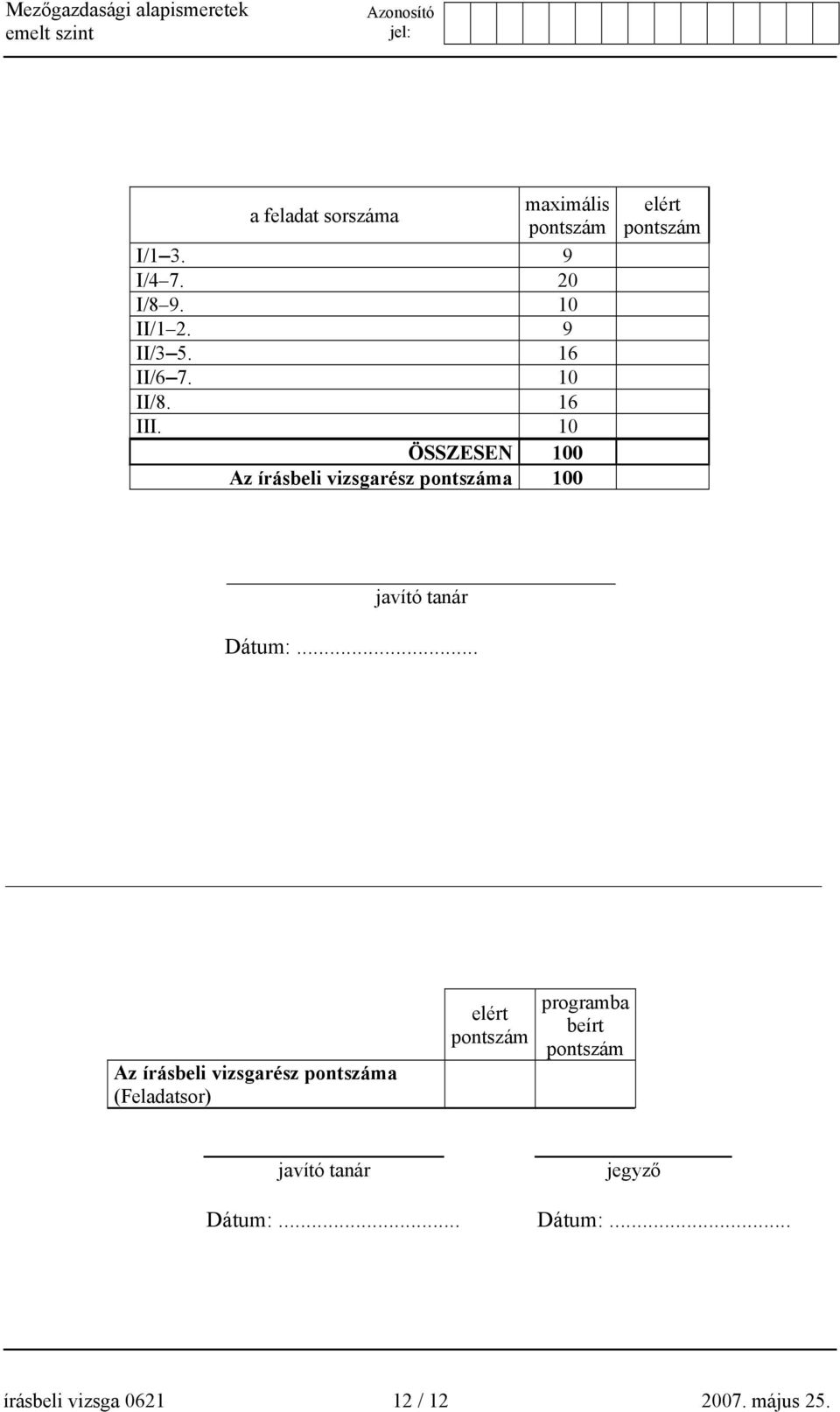 10 ÖSSZESEN 100 z írásbeli vizsgarész pontszáma 100 elért pontszám javító tanár átum:.