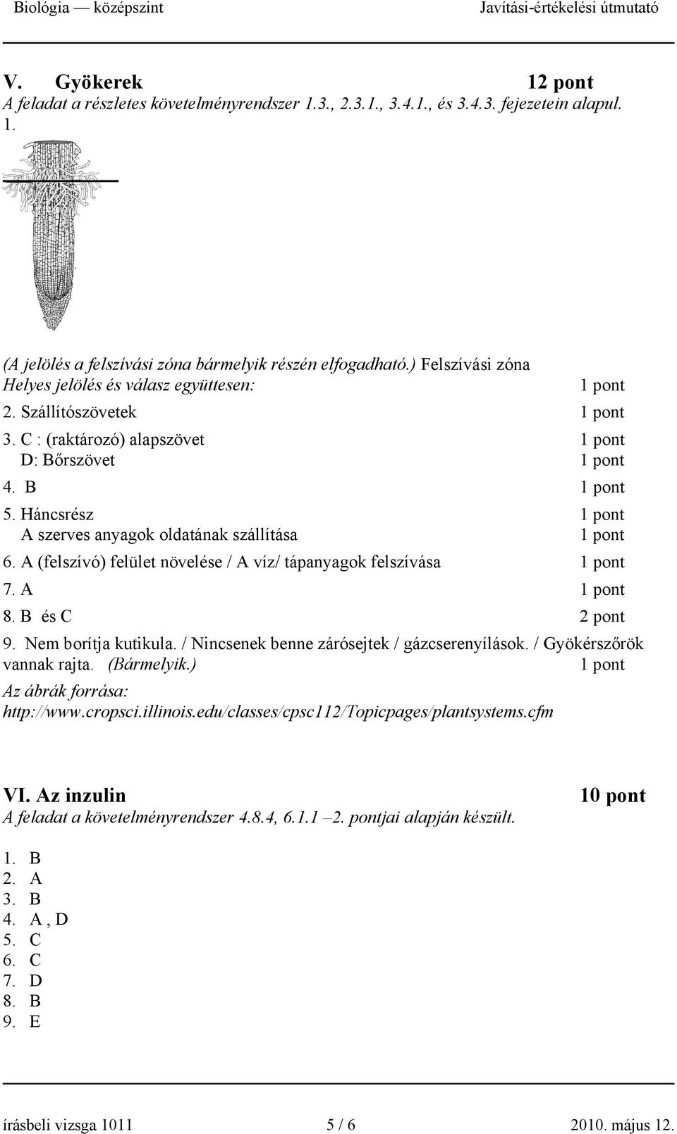 A (felszívó) felület növelése / A víz/ tápanyagok felszívása 7. A 8. B és C 2 pont 9. Nem borítja kutikula. / Nincsenek benne zárósejtek / gázcserenyílások. / Gyökérszőrök vannak rajta. (Bármelyik.