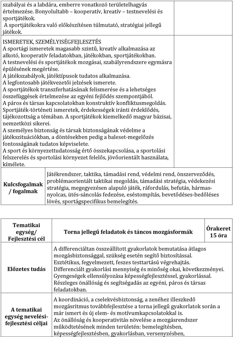 ISMERETEK, SZEMÉLYISÉGFEJLESZTÉS A sportági ismeretek magasabb szintű, kreatív alkalmazása az alkotó, kooperatív feladatokban, játékokban, sportjátékokban.