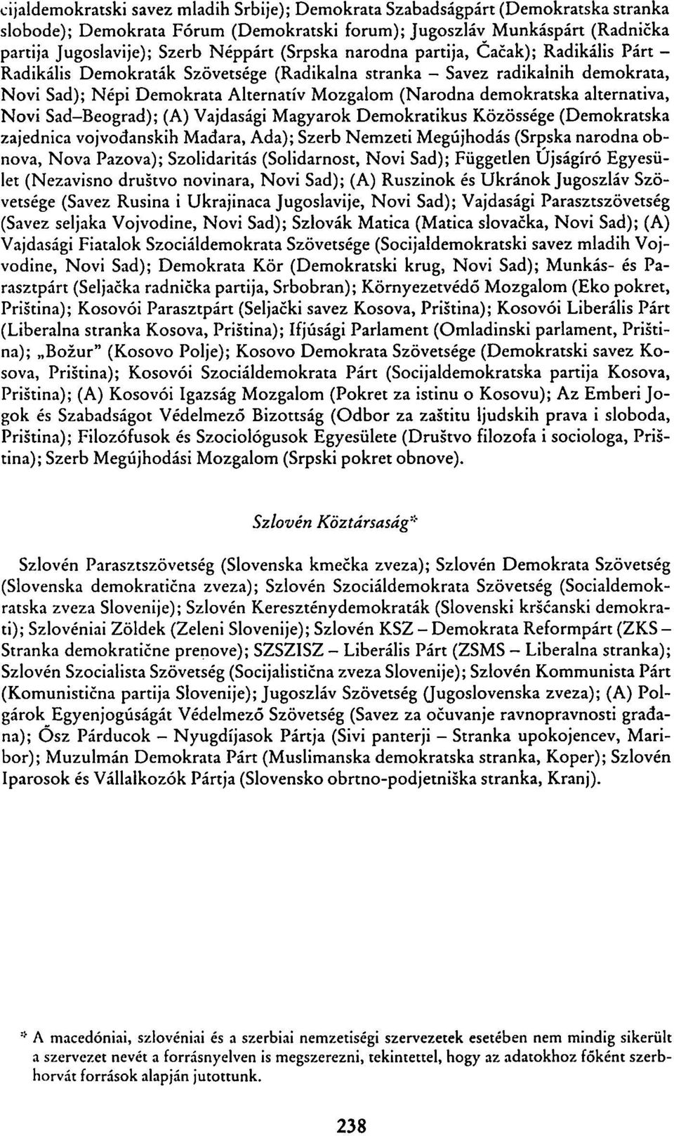 alternativa, Novi Sad-Beograd); (A) Vajdasági Magyarok Demokratikus Közössége (Demokratska zajednica vojvođanskih Madara, Ada); Szerb Nemzeti Megújhodás (Srpska narodna obnova, Nova Pazova);