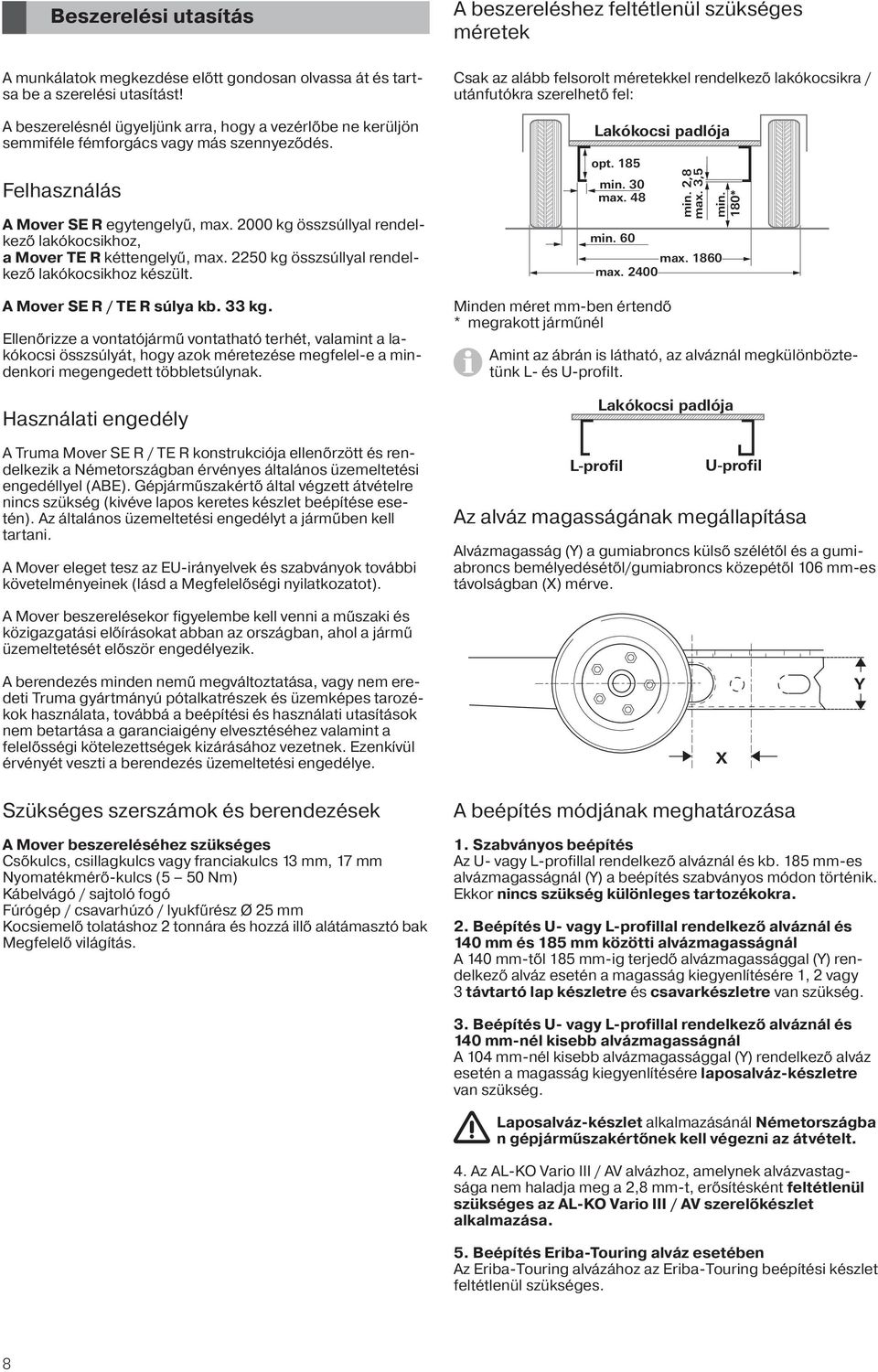 2000 kg összsúllyal rendelkező lakókocsikhoz, a Mover TE R kéttengelyű, max. 2250 kg összsúllyal rendelkező lakókocsikhoz készült. A Mover SE R / TE R súlya kb. 33 kg.