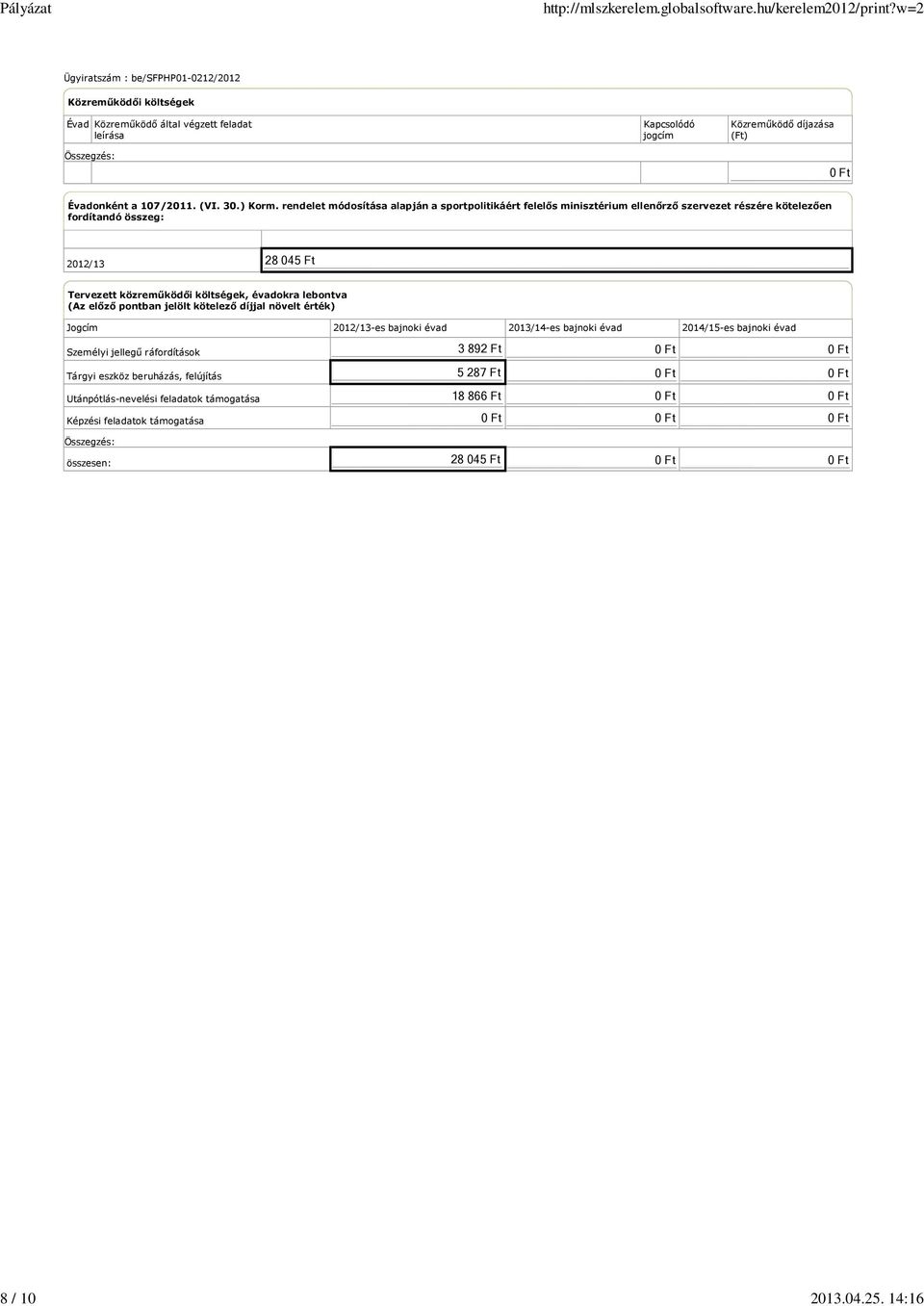 rendelet módosítása alapján a sportpolitikáért felelős minisztérium ellenőrző szervezet részére kötelezően fordítandó összeg: 2012/13 28 045 Ft Tervezett közreműködői