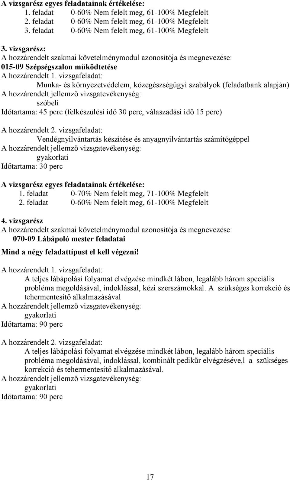 vizsgafeladat: Munka- és környezetvédelem, közegészségügyi szabályok (feladatbank alapján) A hozzárendelt jellemző vizsgatevékenység: szóbeli Időtartama: 45 perc (felkészülési idő 30 perc,