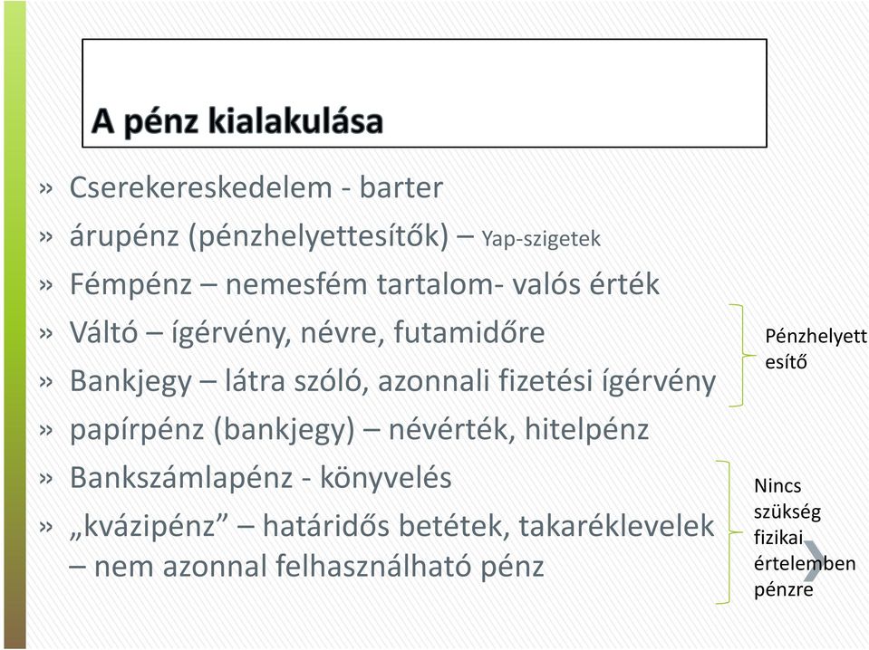 papírpénz (bankjegy) névérték, hitelpénz» Bankszámlapénz - könyvelés» kvázipénz határidős betétek,