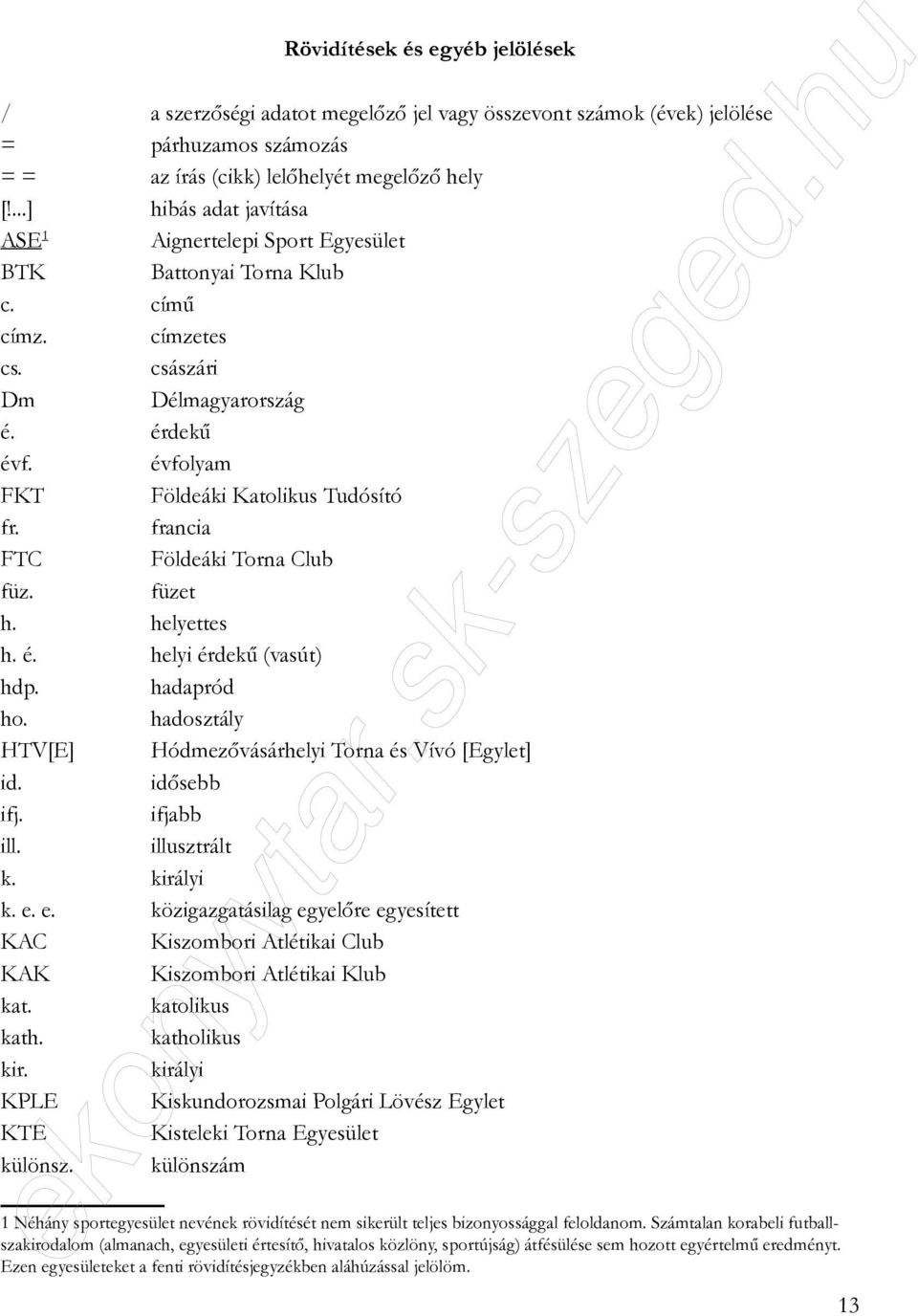 francia FTC Földeáki Torna Club füz. füzet h. helyettes h. é. helyi érdekű (vasút) hdp. hadapród ho. hadosztály HTV[E] Hódmezővásárhelyi Torna és Vívó [Egylet] id. idősebb ifj. ifjabb ill.