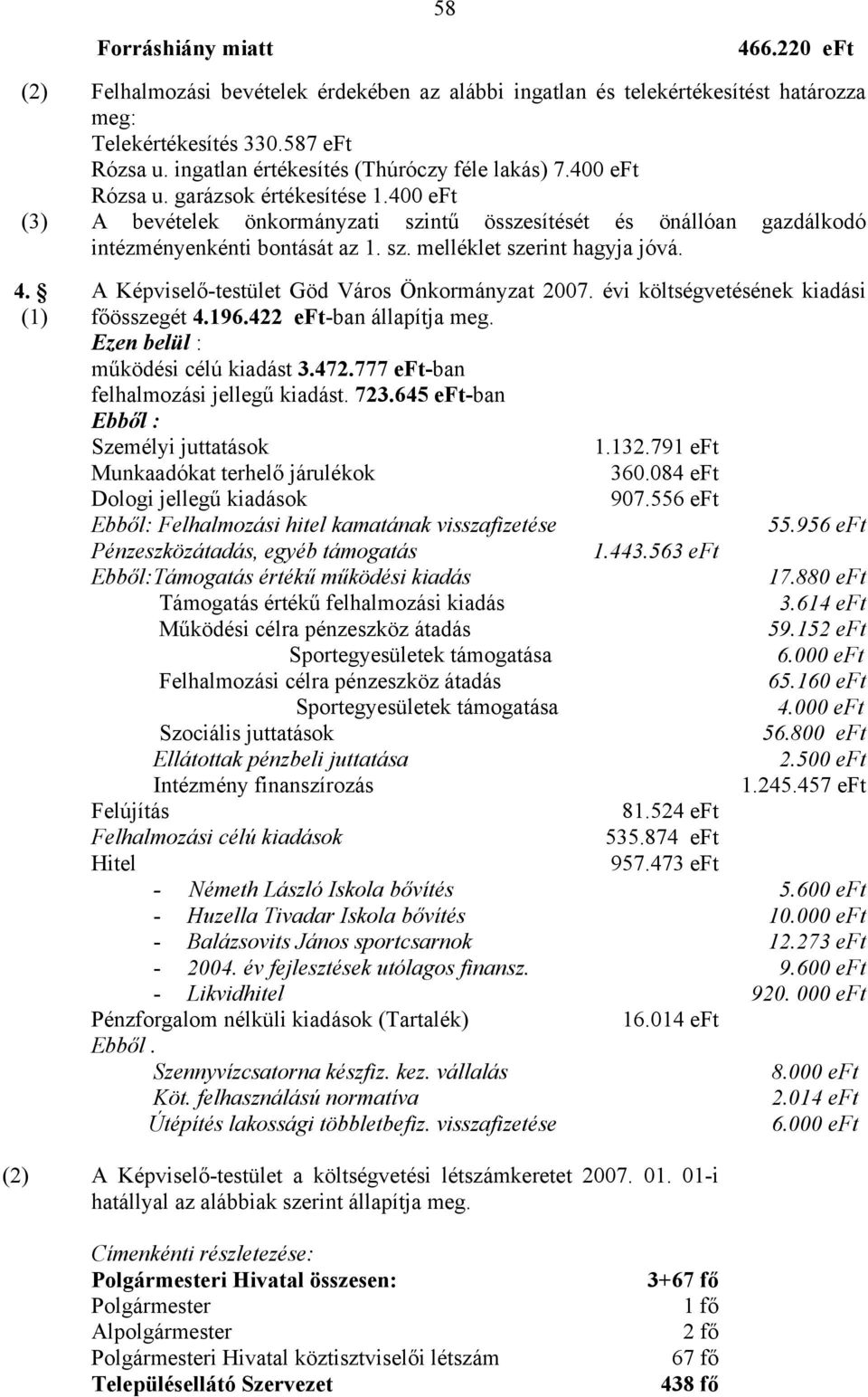 sz. melléklet szerint hagyja jóvá. 4. (1) A Képviselő-testület Göd Város Önkormányzat 2007. évi költségvetésének kiadási főösszegét 4.196.422 eft-ban állapítja meg.