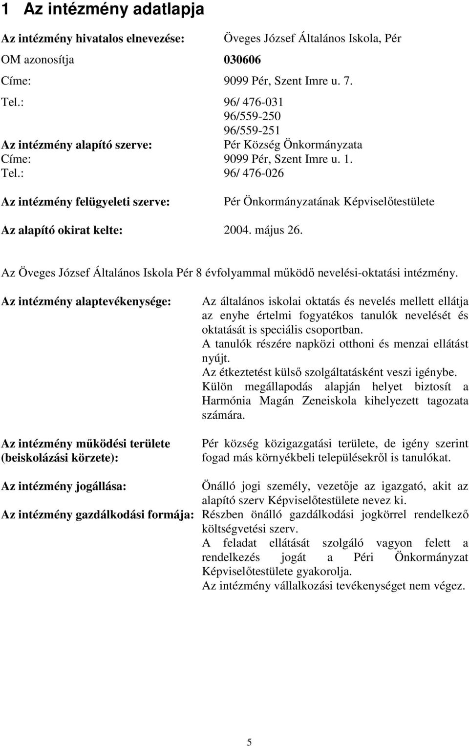 : 96/ 476-026 Az intézmény felügyeleti szerve: Pér Önkormányzatának Képviselıtestülete Az alapító okirat kelte: 2004. május 26.
