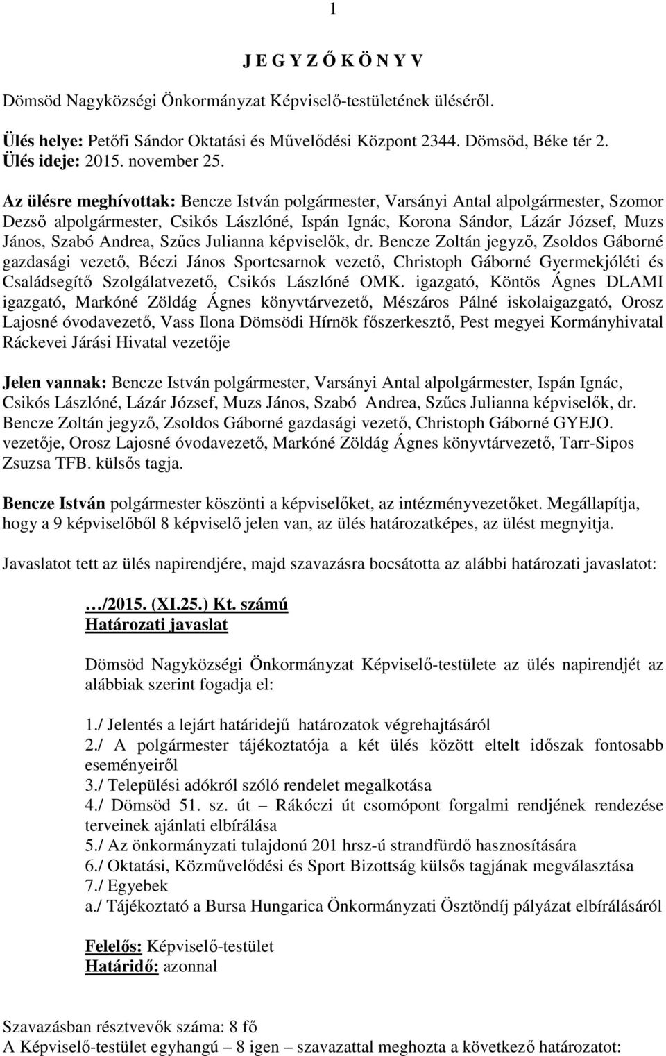 Az ülésre meghívottak: Bencze István polgármester, Varsányi Antal alpolgármester, Szomor Dezső alpolgármester, Csikós Lászlóné, Ispán Ignác, Korona Sándor, Lázár József, Muzs János, Szabó Andrea,