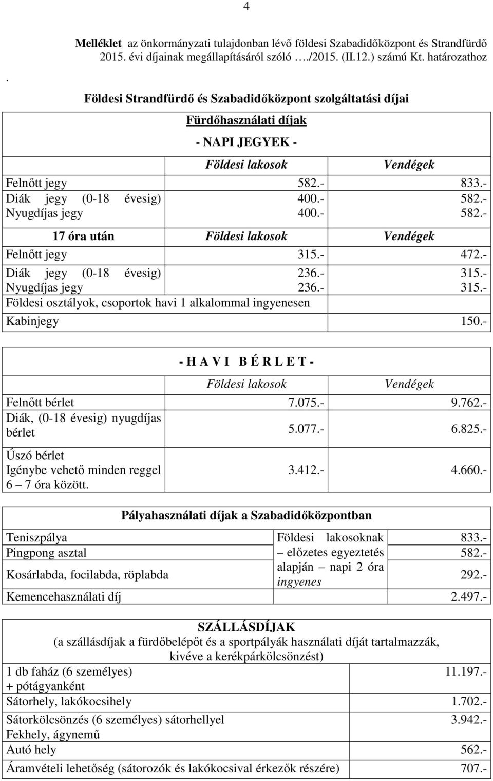 - Nyugdíjas jegy 400.- 17 óra után Földesi lakosok Vendégek Felnőtt jegy 315.- 472.- Diák jegy (0-18 évesig) 236.- Nyugdíjas jegy 236.- Földesi osztályok, csoportok havi 1 alkalommal ingyenesen 315.