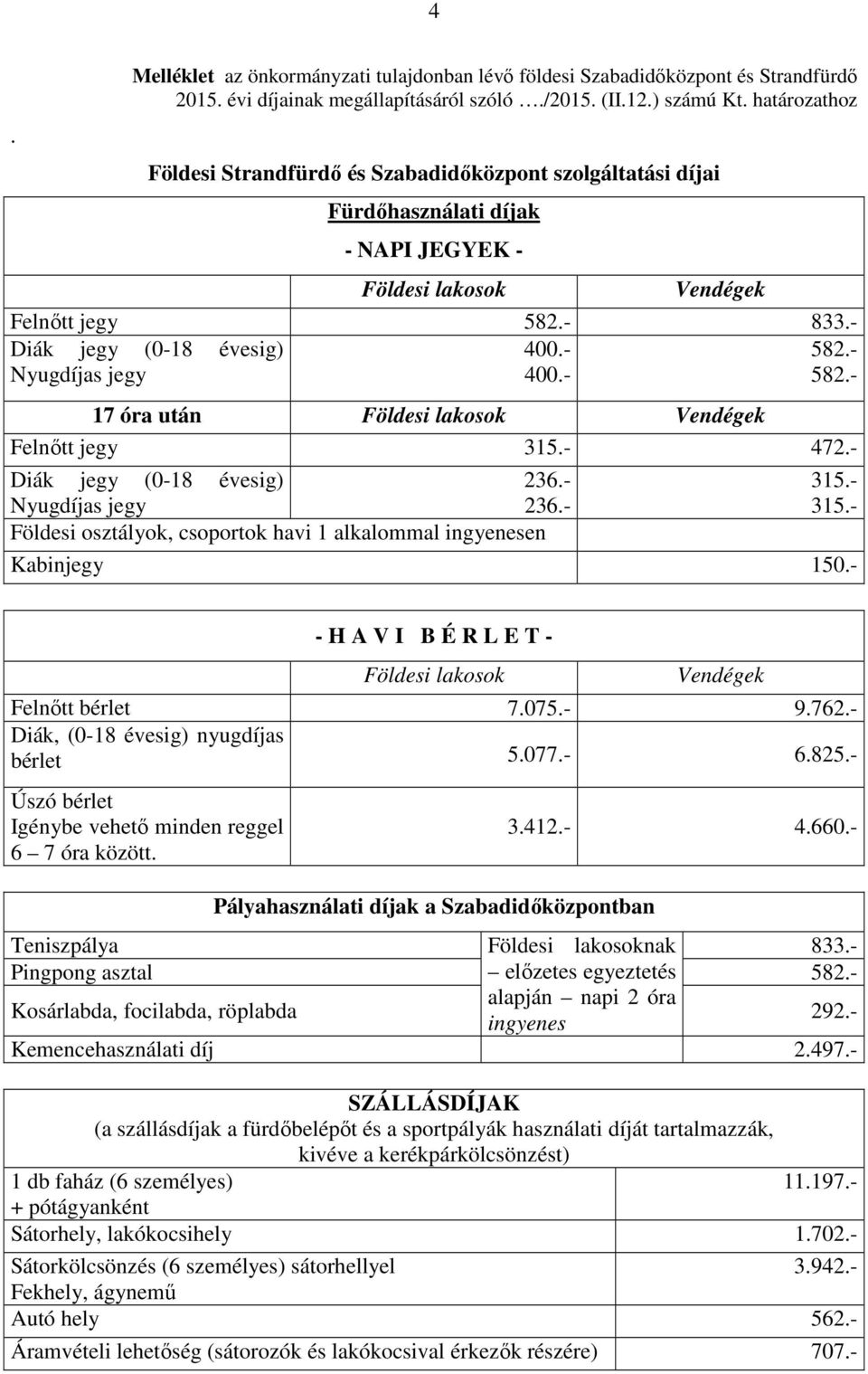 - Nyugdíjas jegy 400.- 17 óra után Földesi lakosok Vendégek Felnőtt jegy 315.- 472.- Diák jegy (0-18 évesig) 236.- Nyugdíjas jegy 236.- Földesi osztályok, csoportok havi 1 alkalommal ingyenesen 315.