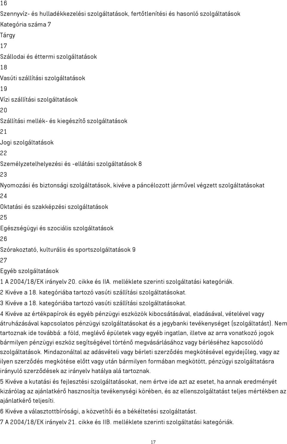 kivéve a páncélozott járművel végzett szolgáltatásokat 24 Oktatási és szakképzési szolgáltatások 25 Egészségügyi és szociális szolgáltatások 26 Szórakoztató, kulturális és sportszolgáltatások 9 27