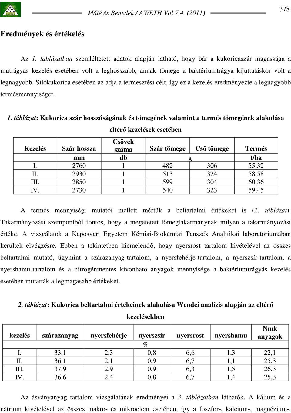 Silókukorica esetében az adja a termesztési célt, így ez a kezelés eredményezte a legnagyobb termésmennyiséget. 1.