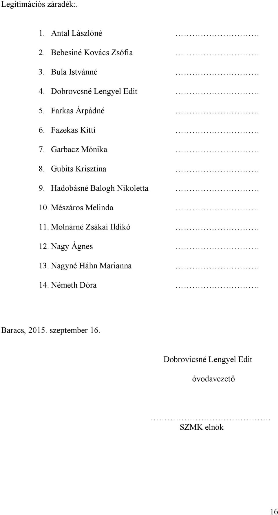 Hadobásné Balogh Nikoletta 10. Mészáros Melinda 11. Molnárné Zsákai Ildikó 12. Nagy Ágnes 13.