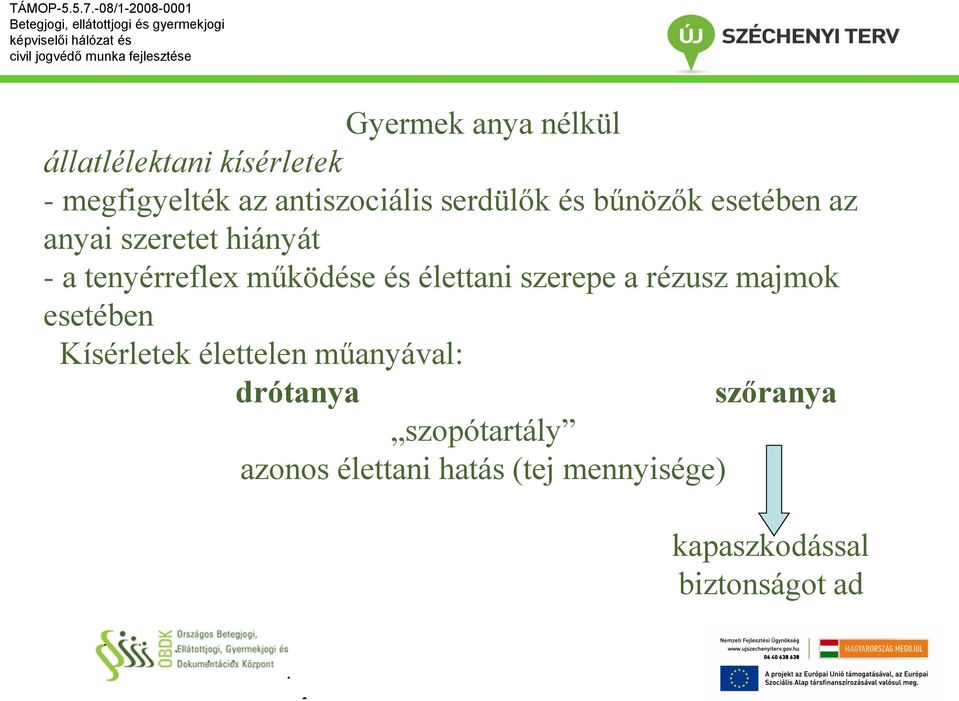 élettani szerepe a rézusz majmok esetében Kísérletek élettelen műanyával: drótanya