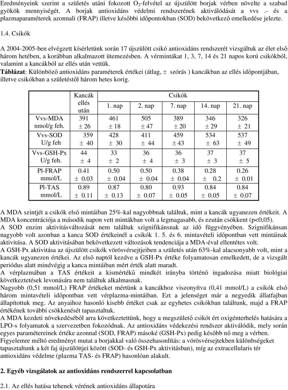 Csikók A 24-25-ben elvégzett kísérletünk során 17 újszülött csikó antioxidáns rendszerét vizsgáltuk az élet első három hetében, a korábban alkalmazott ütemezésben.