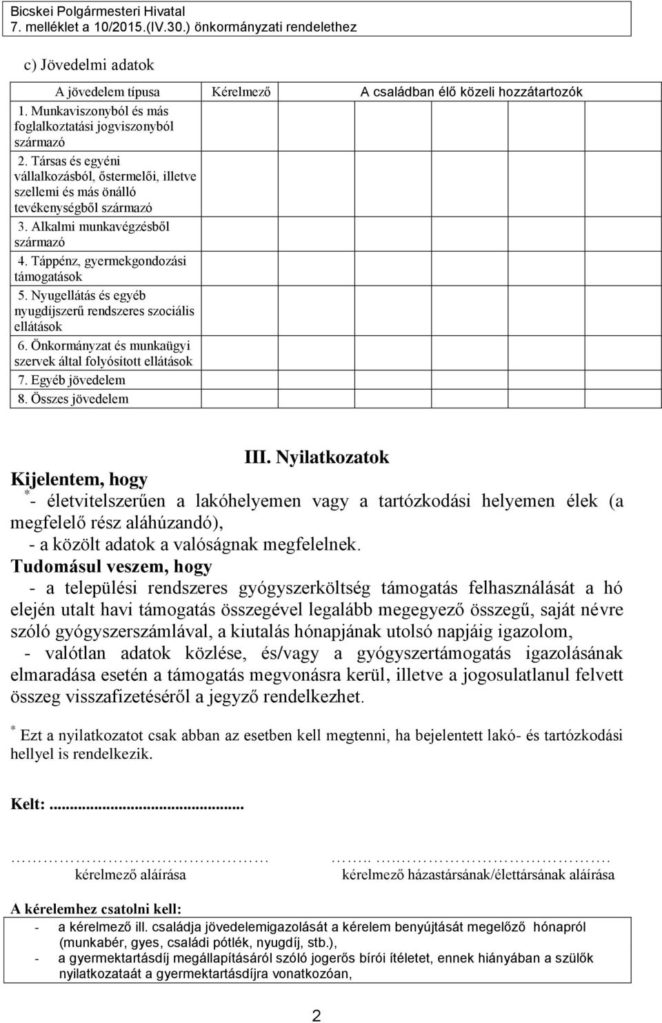 Nyugellátás és egyéb nyugdíjszerű rendszeres szociális ellátások 6. Önkormányzat és munkaügyi szervek által folyósított ellátások 7. Egyéb jövedelem 8. Összes jövedelem III.