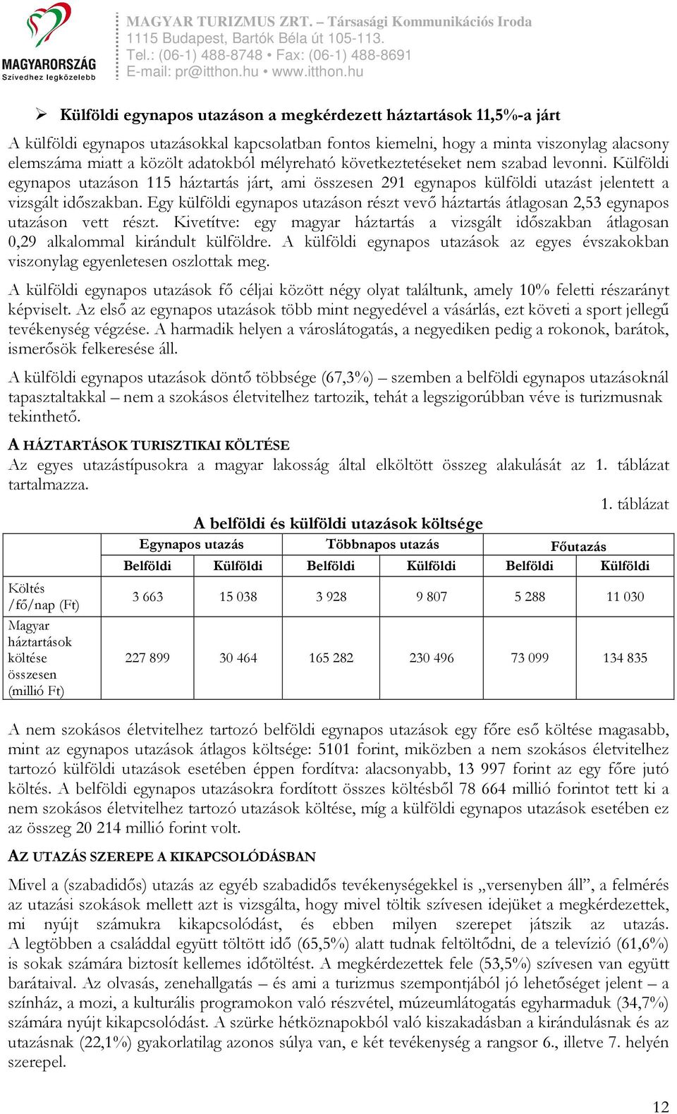 Egy külföldi egynapos utazáson részt vevő háztartás átlagosan 2,53 egynapos utazáson vett részt. Kivetítve: egy magyar háztartás a vizsgált időszakban átlagosan 0,29 alkalommal kirándult külföldre.