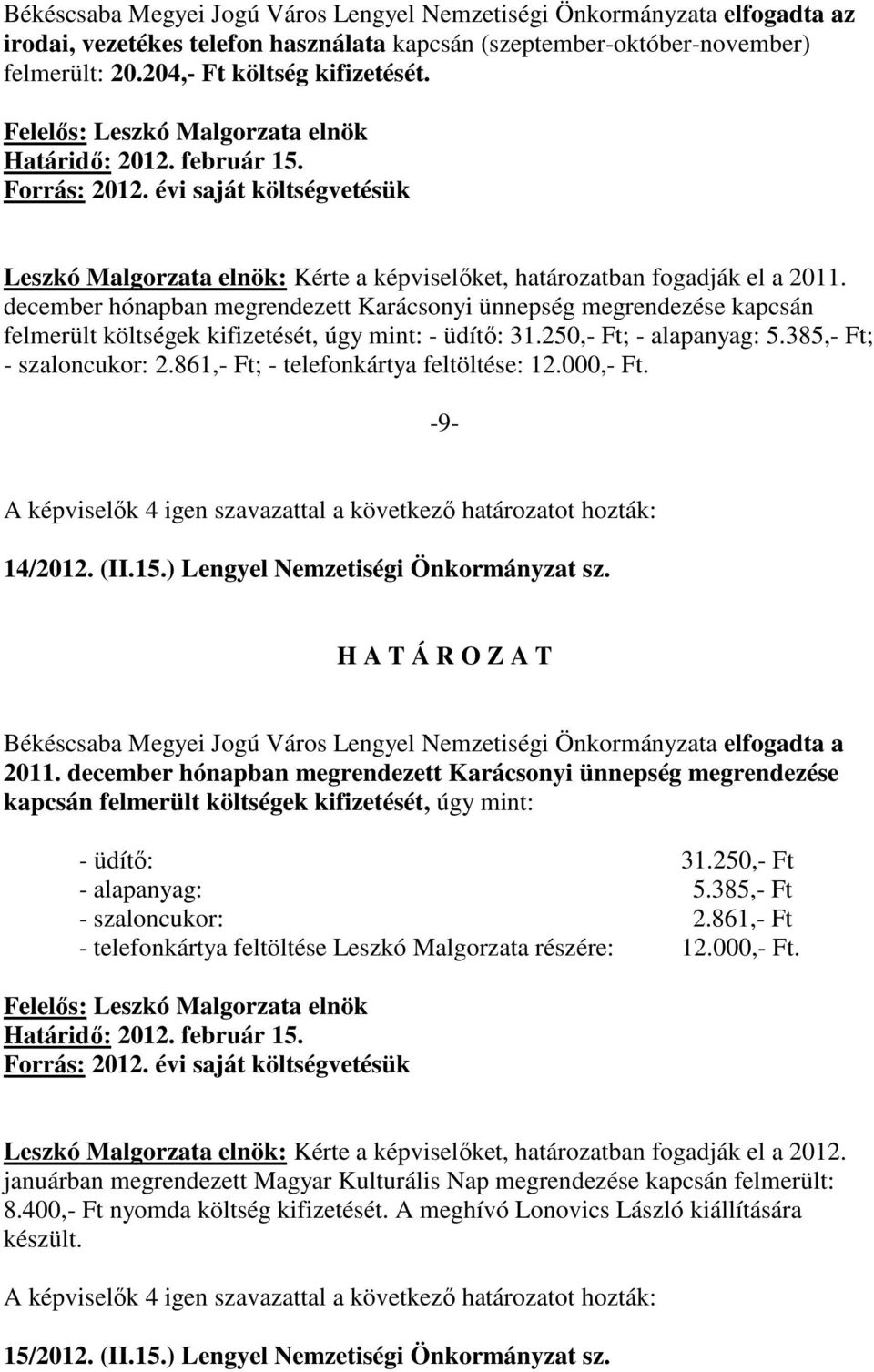 861,- Ft; - telefonkártya feltöltése: 12.000,- Ft. -9-14/2012. (II.15.) Lengyel Nemzetiségi Önkormányzat sz. 2011.