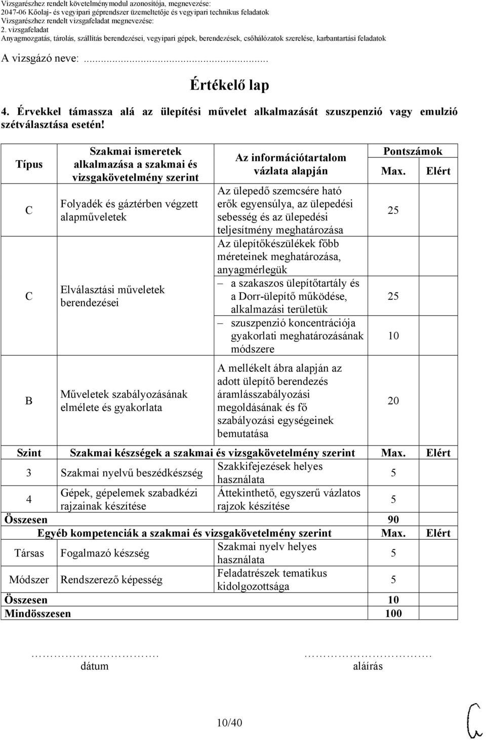 gyakorlata Az információtartalom vázlata alapján Az ülepedő szemcsére ható erők egyensúlya, az ülepedési sebesség és az ülepedési teljesítmény meghatározása Az ülepítőkészülékek főbb méreteinek