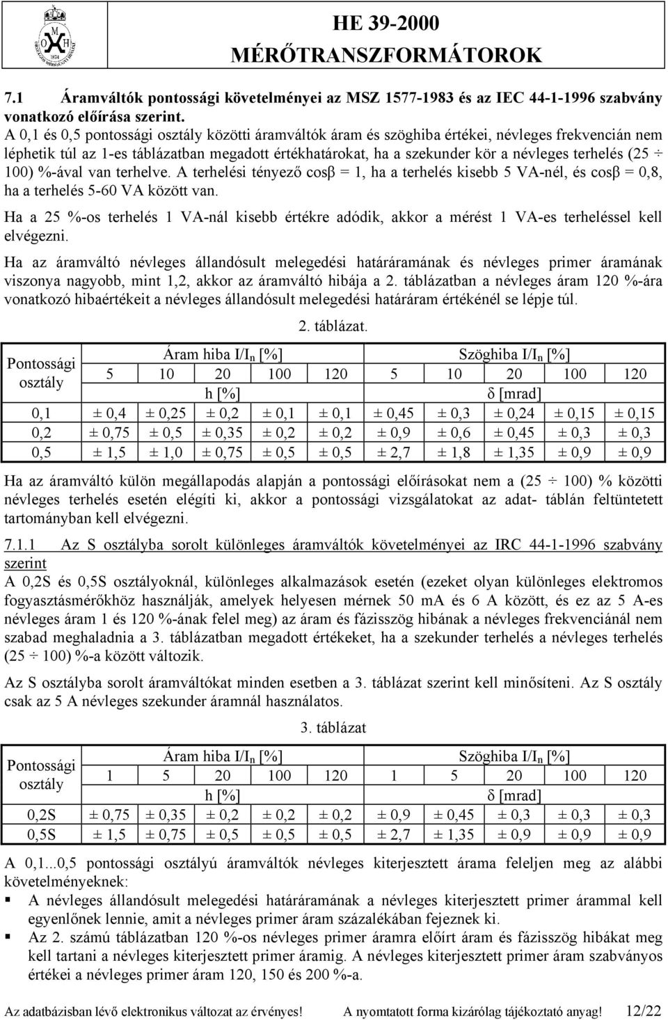 (25 100) %-ával van terhelve. A terhelési tényező cosβ = 1, ha a terhelés kisebb 5 VA-nél, és cosβ = 0,8, ha a terhelés 5-60 VA között van.