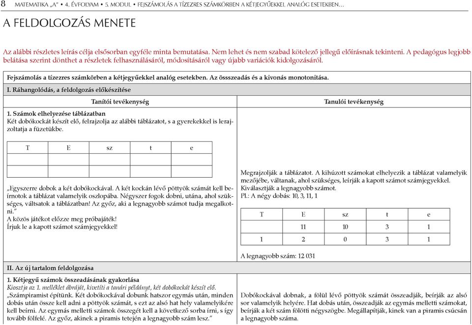 Fejszámolás a tízezres számkörben a kétjegyűekkel analóg esetekben. Az össszeadás és a kivonás monotonitása. I. Ráhangolódás, a feldolgozás előkészítése Tanítói tevékenység 1.