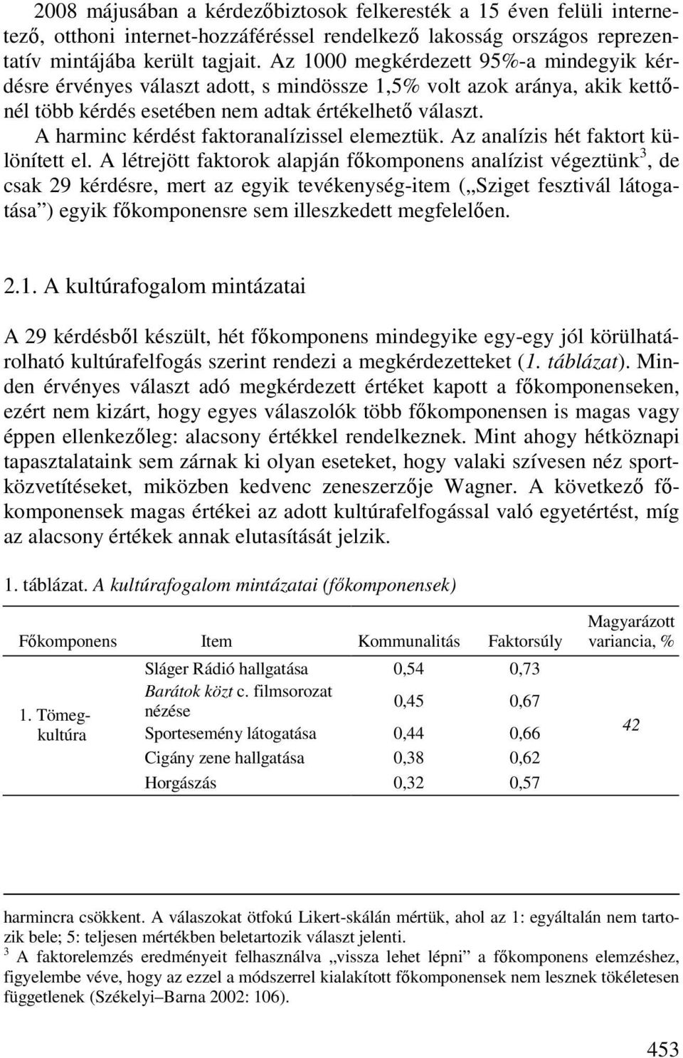 A harminc kérdést faktoranalízissel elemeztük. Az analízis hét faktort különített el.