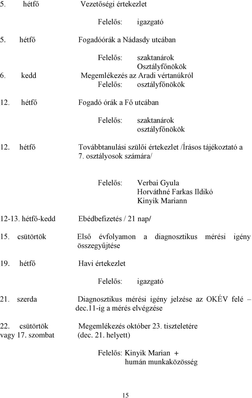 osztályosok számára/ Verbai Gyula Horváthné Farkas Ildikó Kinyik Mariann 12-13. hétfő-kedd Ebédbefizetés / 21 nap/ 15.